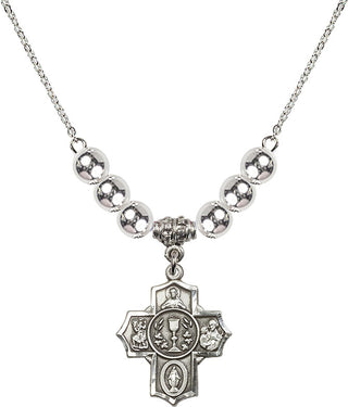 18" Rhodium Plated Necklace with 6mm Sterling Silver Beads featuring a Sterling Silver Communion/5-Way Medal.