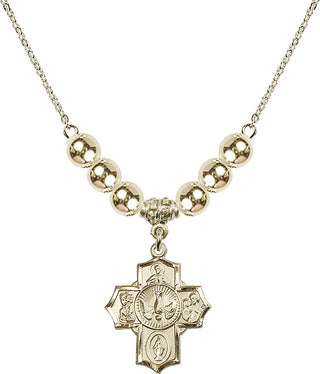 18" Hamilton Gold Plated Necklace with 6mm 14kt Gold Filled Beads featuring a 14kt Gold Filled 5-Way Medal.