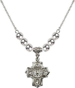18" Rhodium Plated Necklace with 6mm Sterling Silver Beads featuring a Sterling Silver 5-Way Medal.