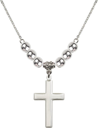 18" Rhodium Plated Necklace with 6mm Sterling Silver Beads featuring a Sterling Silver Cross Medal.