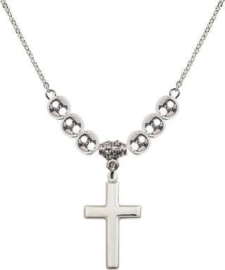 18" Rhodium Plated Necklace with 6mm Sterling Silver Beads featuring a Sterling Silver Cross Medal.