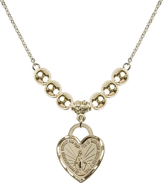 18" Hamilton Gold Plated Necklace with 6mm 14kt Gold Filled Beads featuring a 14kt Gold Filled Miraculous Heart Medal. Engraved Catholic Saint Jewelry