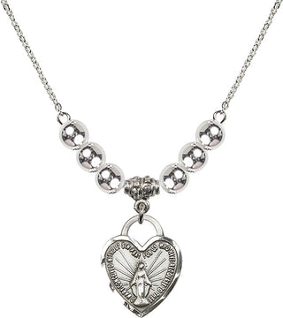 18" Rhodium Plated Necklace with 6mm Sterling Silver Beads featuring a Sterling Silver Miraculous Heart Medal. Engraved Catholic Saint Jewelry