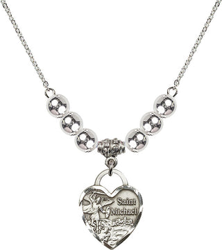 18" Rhodium Plated Necklace with 6mm Sterling Silver Beads featuring a Sterling Silver Saint Michael the Archangel Medal. Engraved Catholic Saint Jewelry