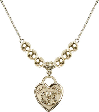 18" Hamilton Gold Plated Necklace with 6mm 14kt Gold Filled Beads featuring a 14kt Gold Filled Communion Heart Medal. Engraved Catholic Saint Jewelry