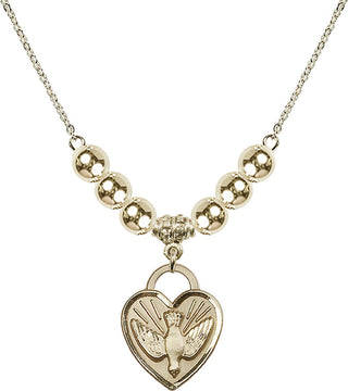 18" Hamilton Gold Plated Necklace with 6mm 14kt Gold Filled Beads featuring a 14kt Gold Filled Confirmation Heart Medal. Engraved Catholic Saint Jewelry