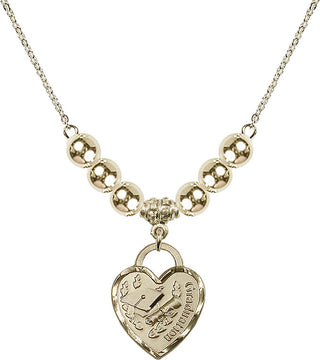 18" Hamilton Gold Plated Necklace with 6mm 14kt Gold Filled Beads featuring a 14kt Gold Filled Graduation Heart Medal. Engraved Catholic Saint Jewelry