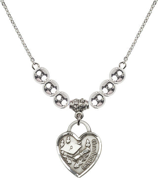 18" Rhodium Plated Necklace with 6mm Sterling Silver Beads featuring a Sterling Silver Graduation Heart Medal. Engraved Catholic Saint Jewelry
