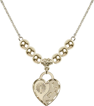 18" Hamilton Gold Plated Necklace with 6mm 14kt Gold Filled Beads featuring a 14kt Gold Filled Footprints Heart Medal. Engraved Catholic Saint Jewelry