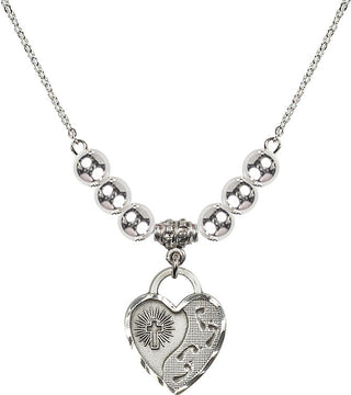 18" Rhodium Plated Necklace with 6mm Sterling Silver Beads featuring a Sterling Silver Footprints Heart Medal. Engraved Catholic Saint Jewelry