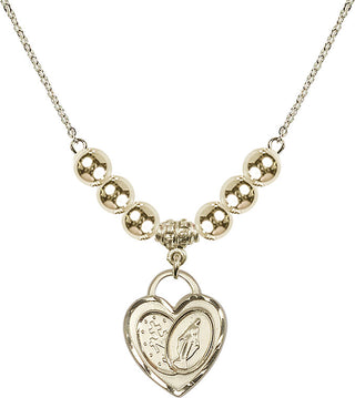 18" Hamilton Gold Plated Necklace with 6mm 14kt Gold Filled Beads featuring a 14kt Gold Filled Miraculous Heart Medal.