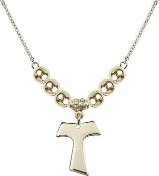 18" Hamilton Gold Plated Necklace with 6mm 14kt Gold Filled Beads featuring a 14kt Gold Filled Tau Cross Medal.