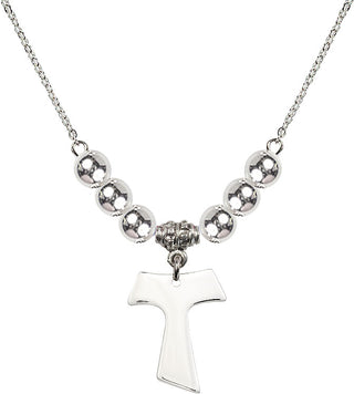 18" Rhodium Plated Necklace with 6mm Sterling Silver Beads featuring a Sterling Silver Tau Cross Medal.