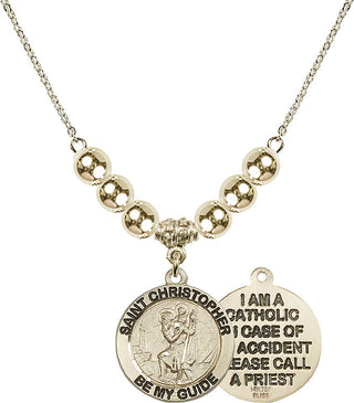 18" Hamilton Gold Plated Necklace with 6mm 14kt Gold Filled Beads featuring a 14kt Gold Filled Saint Christopher Medal.