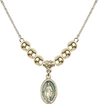 18" Hamilton Gold Plated Necklace with 6mm 14kt Gold Filled Beads featuring a 14kt Gold Filled Miraculous Medal.