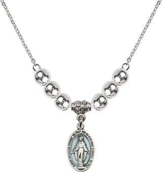 18" Rhodium Plated Necklace with 6mm Sterling Silver Beads featuring a Sterling Silver Miraculous Medal.