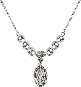 18" Rhodium Plated Necklace with 6mm Sterling Silver Beads featuring a Sterling Silver Miraculous Medal.