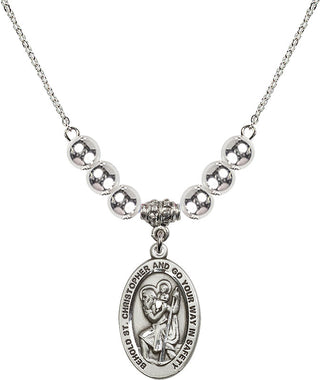 18" Rhodium Plated Necklace with 6mm Sterling Silver Beads featuring a Sterling Silver Saint Christopher Medal. Engraved Catholic Saint Jewelry