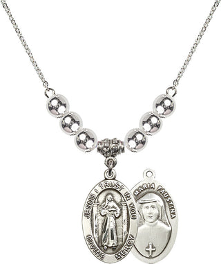 18" Rhodium Plated Necklace with 6mm Sterling Silver Beads featuring a Sterling Silver Divine Mercy Medal.