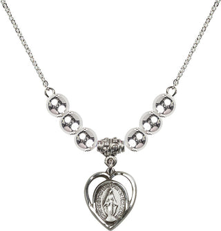 18" Rhodium Plated Necklace with 6mm Sterling Silver Beads featuring a Sterling Silver Miraculous Medal.