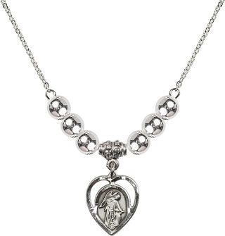 18" Rhodium Plated Necklace with 6mm Sterling Silver Beads featuring a Sterling Silver Guardian Angel Medal.