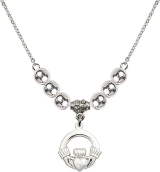 18" Rhodium Plated Necklace with 6mm Sterling Silver Beads featuring a Sterling Silver Claddagh Medal.