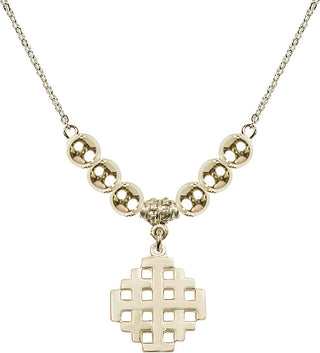 18" Hamilton Gold Plated Necklace with 6mm 14kt Gold Filled Beads featuring a 14kt Gold Filled Jerusalem Cross Medal.