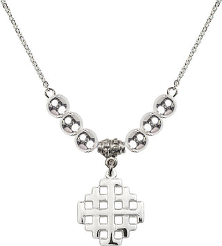 18" Rhodium Plated Necklace with 6mm Sterling Silver Beads featuring a Sterling Silver Jerusalem Cross Medal.