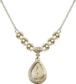 18" Hamilton Gold Plated Necklace with 6mm 14kt Gold Filled Beads featuring a 14kt Gold Filled Miraculous Medal.