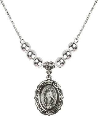 18" Rhodium Plated Necklace with 6mm Sterling Silver Beads featuring a Sterling Silver Miraculous Medal.