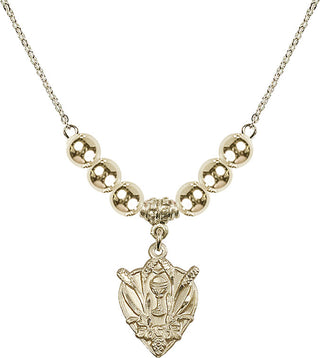 18" Hamilton Gold Plated Necklace with 6mm 14kt Gold Filled Beads featuring a 14kt Gold Filled Communion Medal.