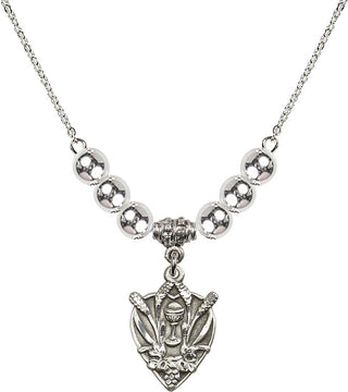 18" Rhodium Plated Necklace with 6mm Sterling Silver Beads featuring a Sterling Silver Communion Medal.