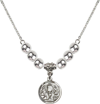 18" Rhodium Plated Necklace with 6mm Sterling Silver Beads featuring a Sterling Silver Communion Chalice Medal.