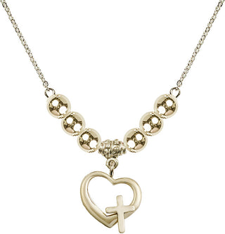 18" Hamilton Gold Plated Necklace with 6mm 14kt Gold Filled Beads featuring a 14kt Gold Filled Heart / Cross Medal.