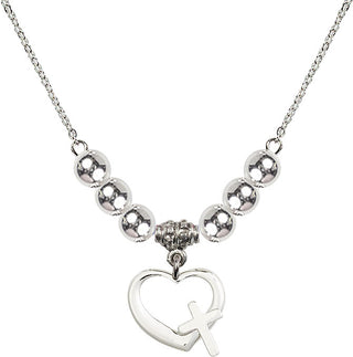 18" Rhodium Plated Necklace with 6mm Sterling Silver Beads featuring a Sterling Silver Heart / Cross Medal.