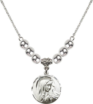 18" Rhodium Plated Necklace with 6mm Sterling Silver Beads featuring a Sterling Silver Sorrowful Mother Medal.