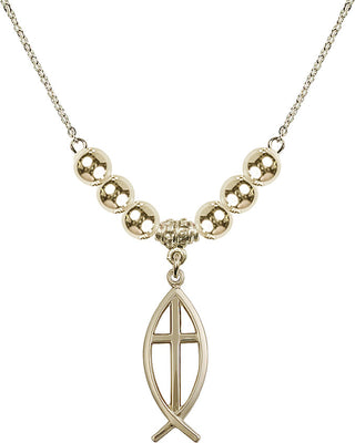18" Hamilton Gold Plated Necklace with 6mm 14kt Gold Filled Beads featuring a 14kt Gold Filled Fish / Cross Medal.