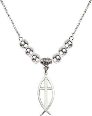 18" Rhodium Plated Necklace with 6mm Sterling Silver Beads featuring a Sterling Silver Fish / Cross Medal.