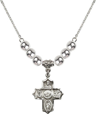 18" Rhodium Plated Necklace with 6mm Sterling Silver Beads featuring a Sterling Silver 5-Way Medal.