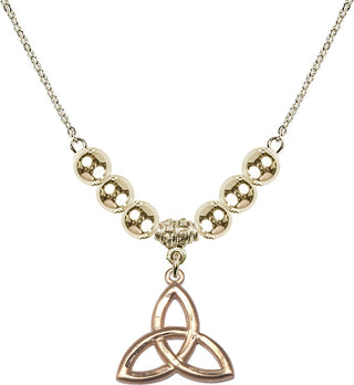 18" Hamilton Gold Plated Necklace with 6mm 14kt Gold Filled Beads featuring a 14kt Gold Filled Trinity Irish Knot Medal.
