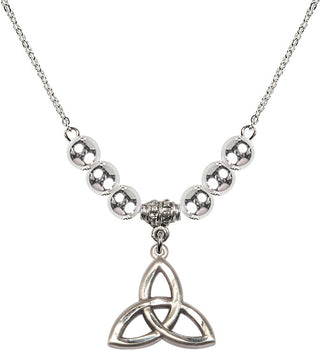 18" Rhodium Plated Necklace with 6mm Sterling Silver Beads featuring a Sterling Silver Trinity Irish Knot Medal.