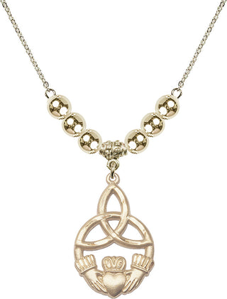 18" Hamilton Gold Plated Necklace with 6mm 14kt Gold Filled Beads featuring a 14kt Gold Filled Irish Knot / Claddagh Medal.