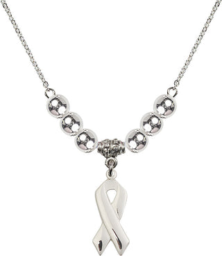18" Rhodium Plated Necklace with 6mm Sterling Silver Beads featuring a Sterling Silver Cancer Awareness Medal.