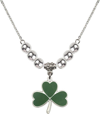 18" Rhodium Plated Necklace with 6mm Sterling Silver Beads featuring a Sterling Silver Shamrock Medal.