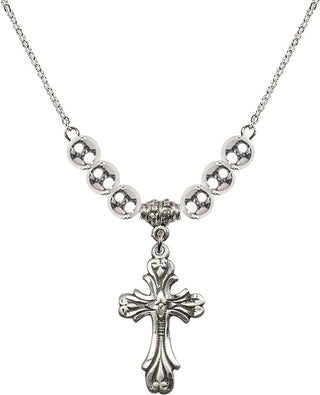 18" Rhodium Plated Necklace with 6mm Sterling Silver Beads featuring a Sterling Silver Cross Medal.