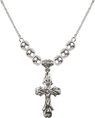 18" Rhodium Plated Necklace with 6mm Sterling Silver Beads featuring a Sterling Silver Crucifix Medal.