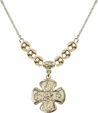 18" Hamilton Gold Plated Necklace with 6mm 14kt Gold Filled Beads featuring a 14kt Gold Filled 5-Way Medal.
