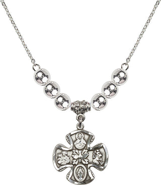 18" Rhodium Plated Necklace with 6mm Sterling Silver Beads featuring a Sterling Silver 5-Way Medal.