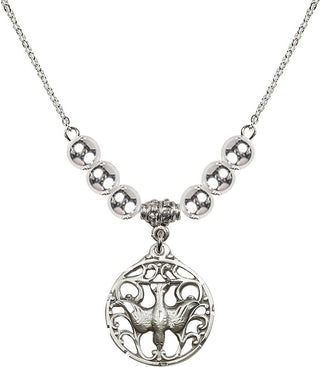 18" Rhodium Plated Necklace with 6mm Sterling Silver Beads featuring a Sterling Silver Holy Spirit Medal.