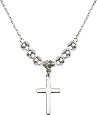 18" Rhodium Plated Necklace with 6mm Sterling Silver Beads featuring a Sterling Silver Cross Medal.